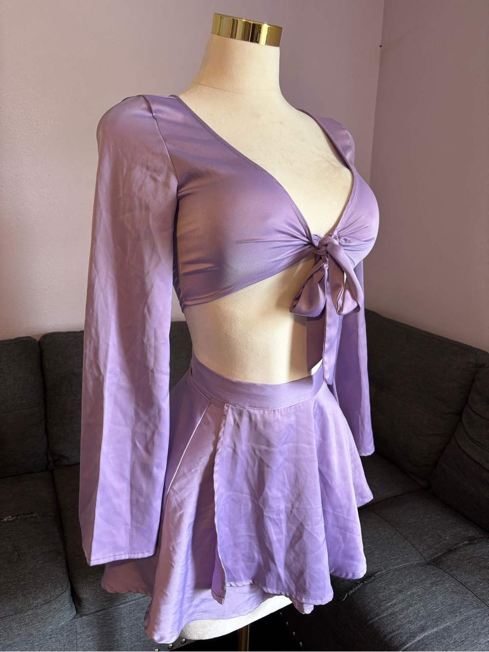 SHEIN Lavender Tie-Front Crop Top & Flared Skirt Set
